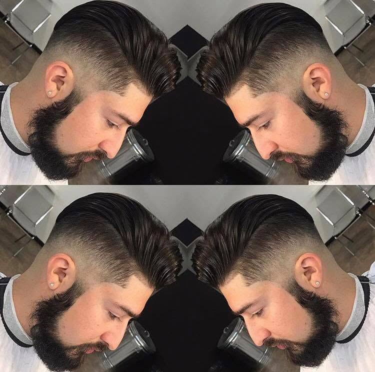 Slick-back with skin fade and full beard — client work